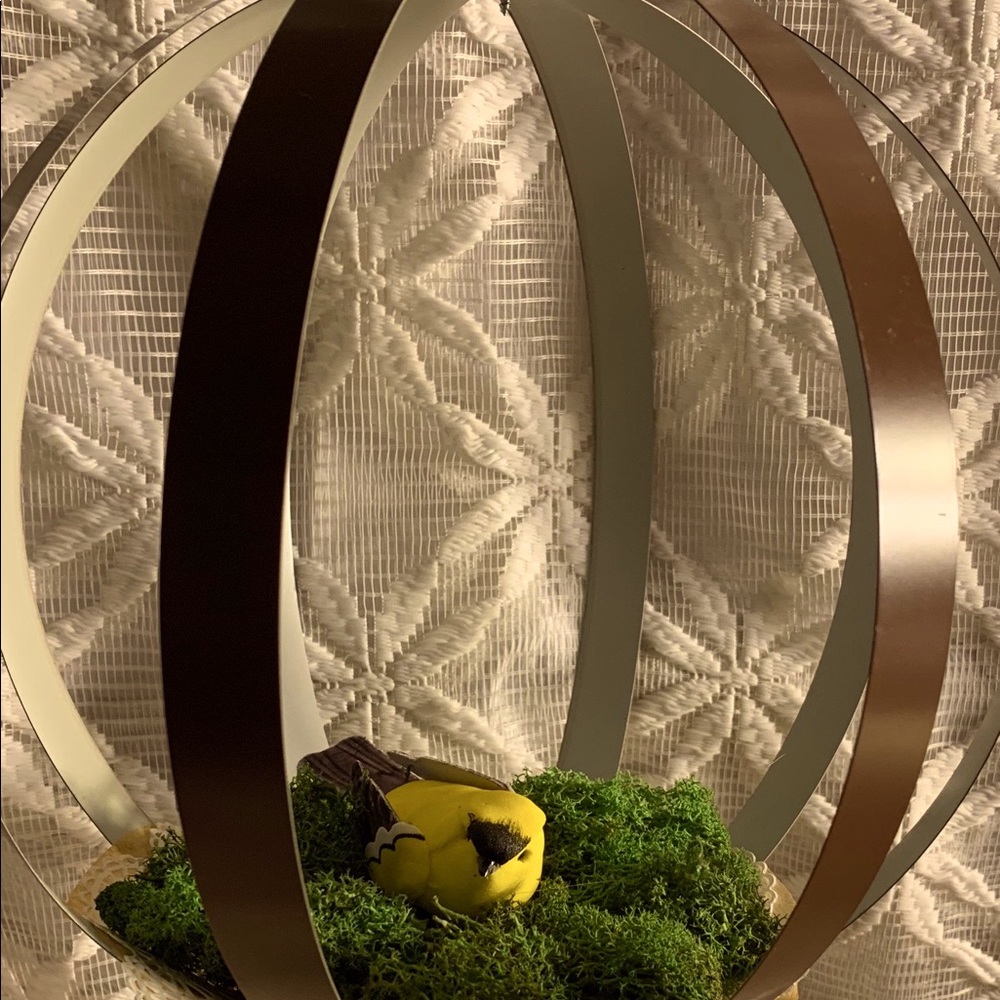 Metal garden orb with birds nest